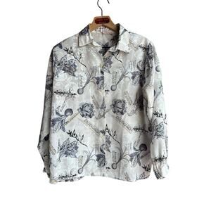 Tennesia Vintage 1980s Gray Satin Novelty Blouse Jacquar Vegetable Print Size 1X